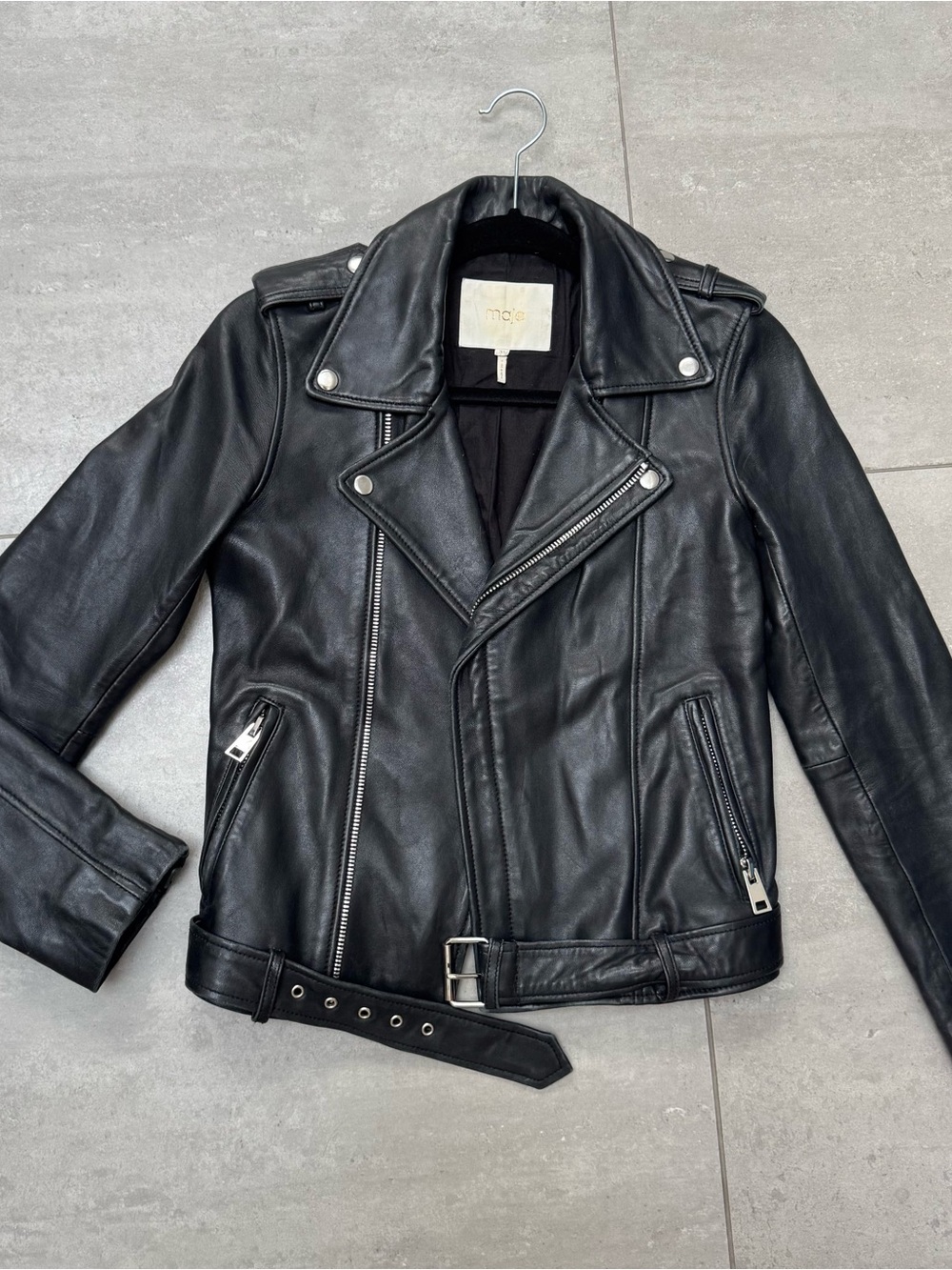 Maje Black Leather Moto Jacket Belted Lambskin Biker Jacket Women’s Size XS/36